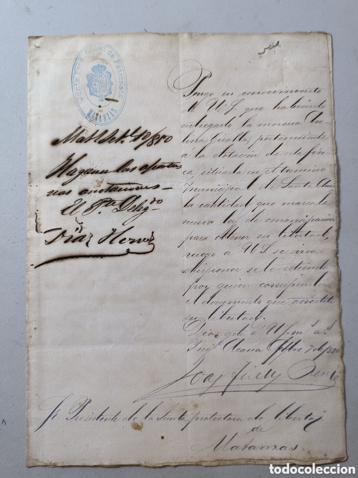 Manuscritos antiguos: Cuba espa&ntilde;ola, documento del patronato de esclavos de matanzas ,a&ntilde;o 1880