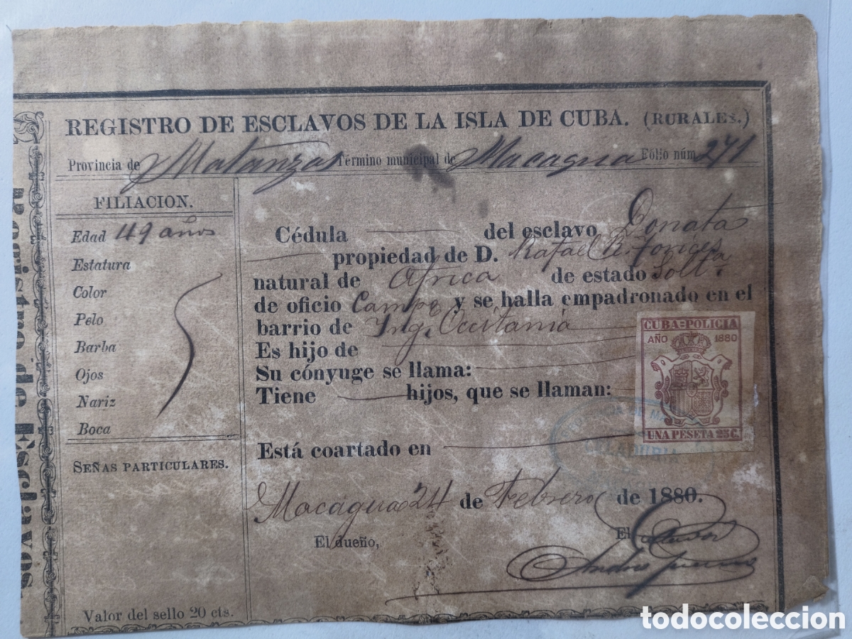 Manuscritos antiguos: Cuba espa&ntilde;ola,c&eacute;dula de esclavo rural ,a&ntilde;o 1880