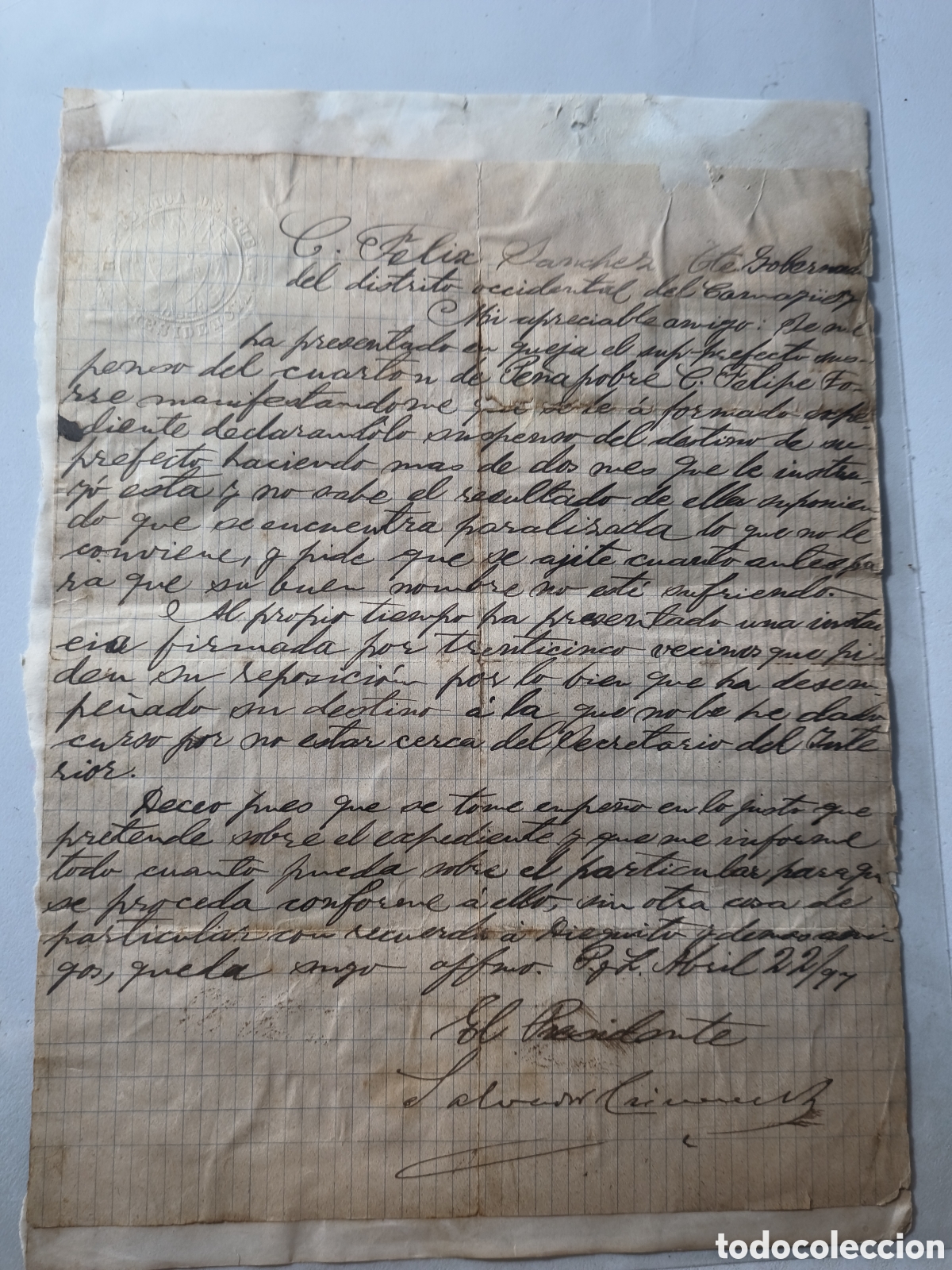 Manuscritos antiguos: Cuba, guerra de cuba,carta personal presidente Salvador Cisneros ,a&ntilde;o 1897.
