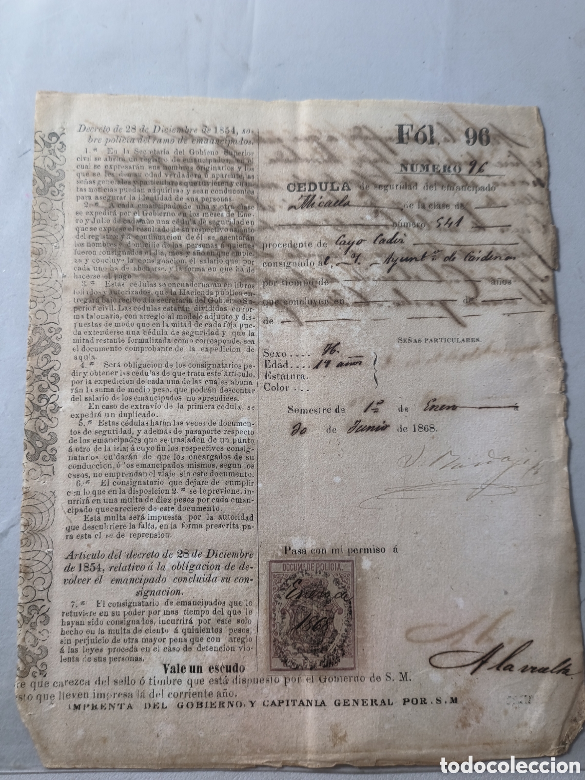 Manuscritos antiguos: Cuba espa&ntilde;ola,c&eacute;dula de seguridad esclavo emancipado,a&ntilde;o 1868.