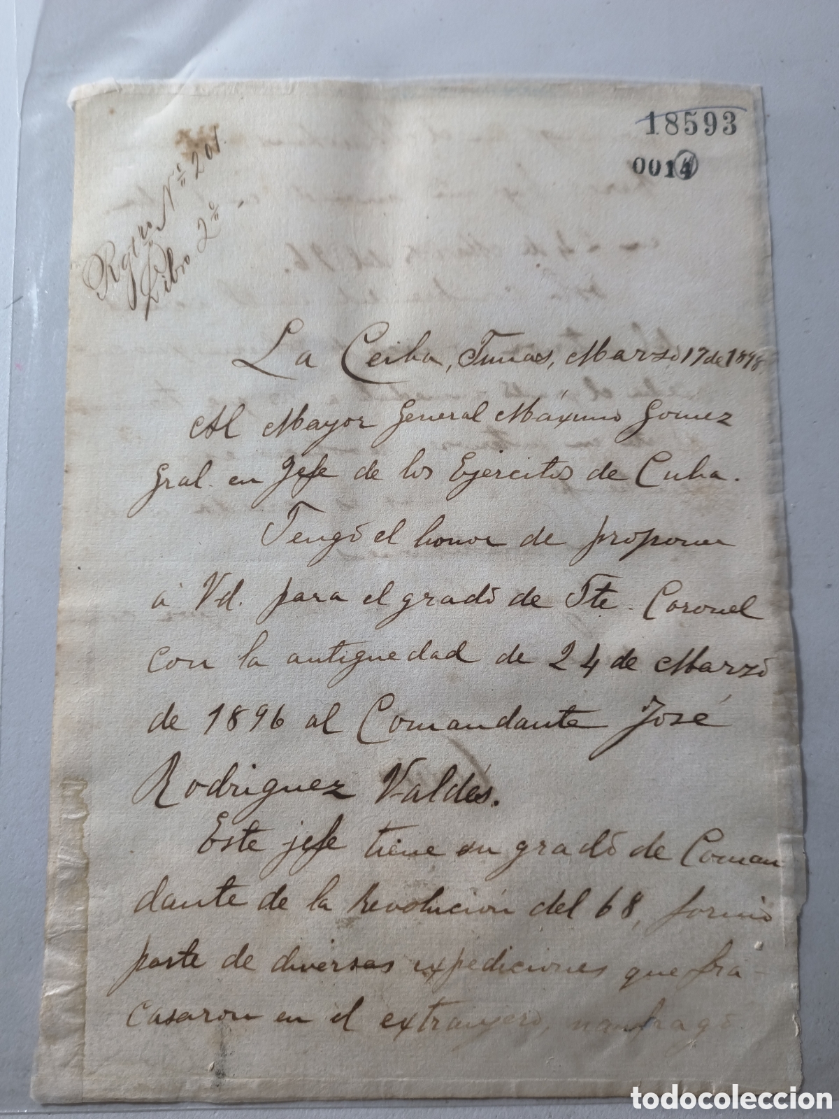 Manuscritos antiguos: Cuba, guerra de cuba,carta del mayor general Calixto Garc&iacute;a al general&iacute;simo M&aacute;ximo G&oacute;mez,1898.