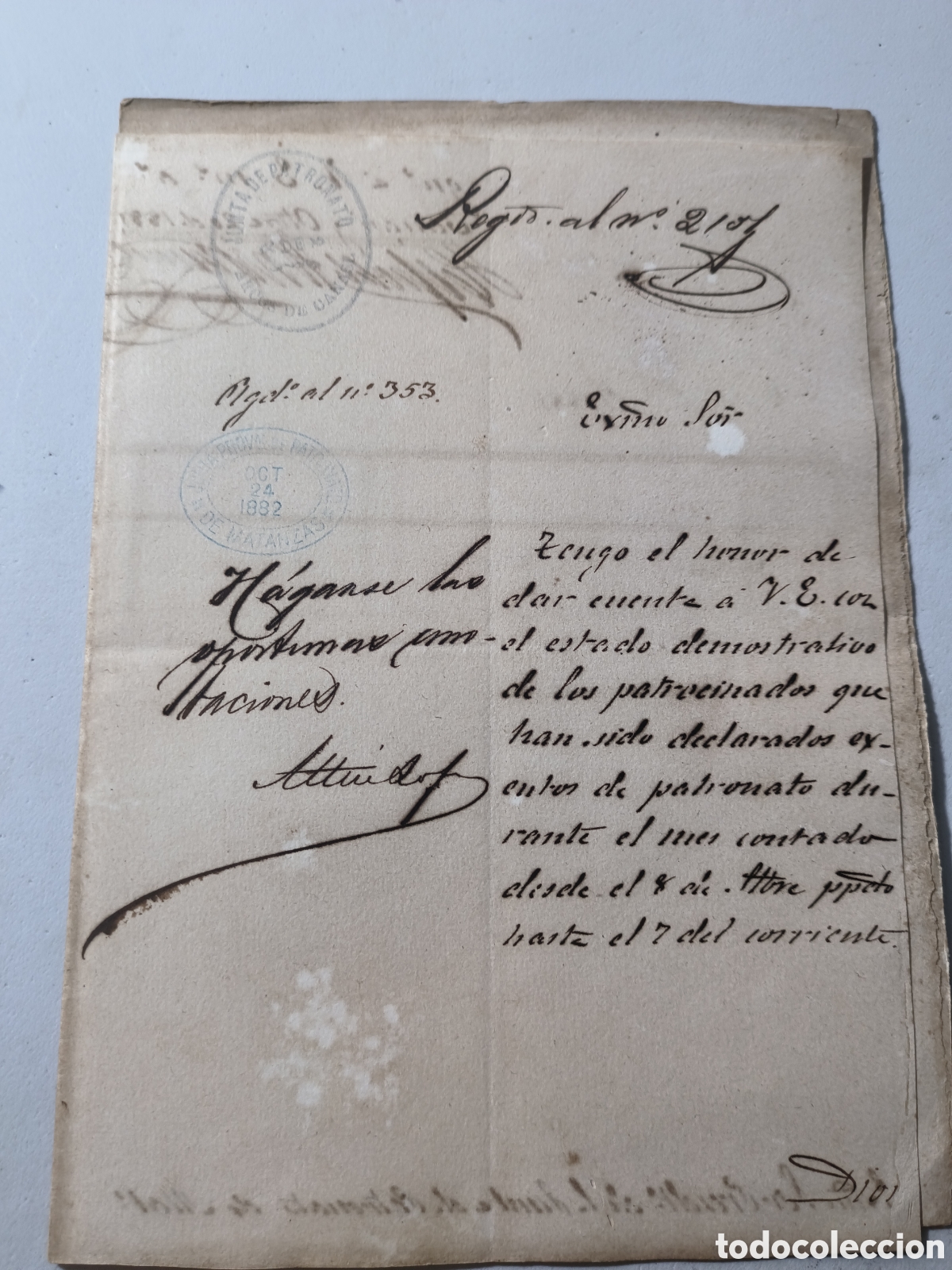 Manuscritos antiguos: Cuba espa&ntilde;ola, documento junta de patronato de esclavos matanzas ,a&ntilde;o 1882.