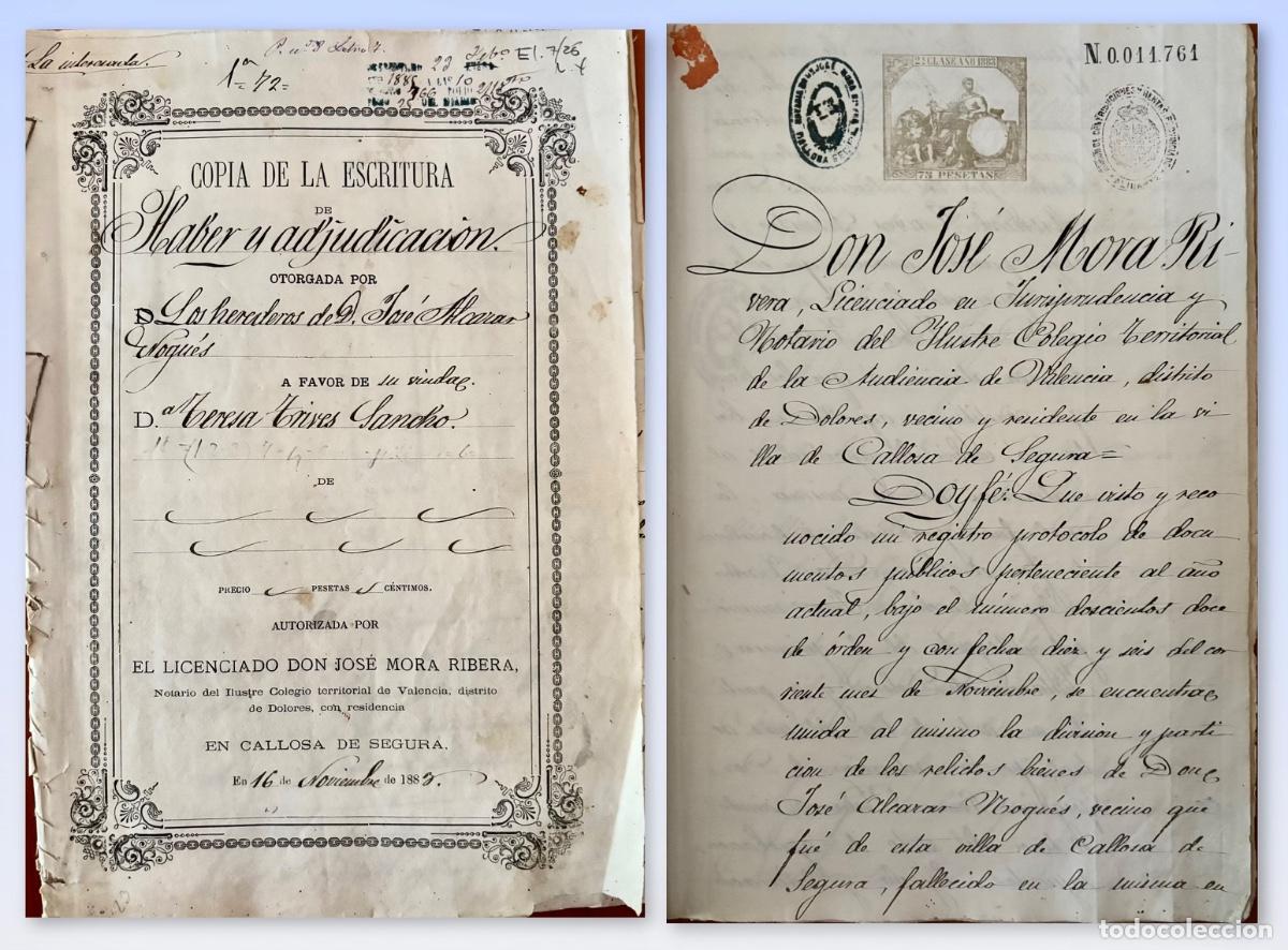 Manuscritos antiguos: CALLOSA SEGURA- DOLORES- MANUSCRITO- GRAN ESCRITURA HERENCIA- 1883