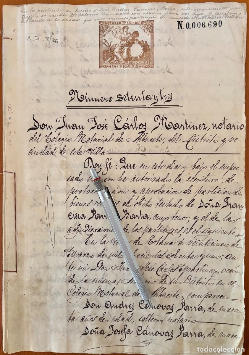 Manuscritos antiguos: TOTANA- MURCIA-MANUSCRITO- GRAN ESCRITURA- BIENES- PARRA BARTA - CANOVAS PARRA- 1881