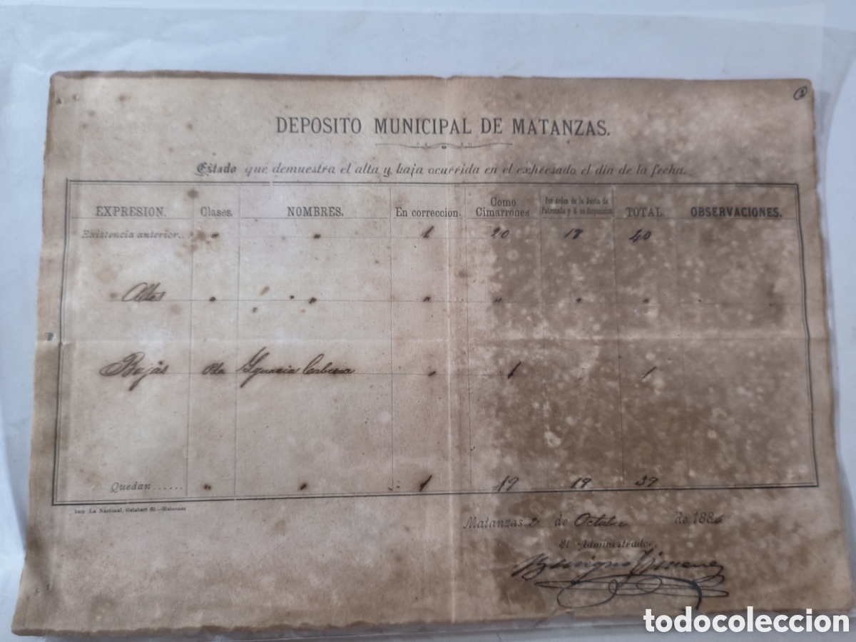 Manuscritos antiguos: Cuba espa&ntilde;ola,parte diario dep&oacute;sito de cimarrones de matanzas,a&ntilde;o 1884