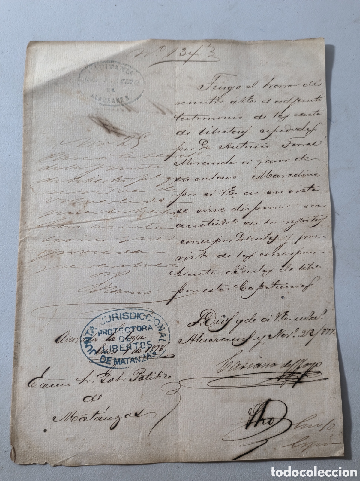 Manuscritos antiguos: Cuba espa&ntilde;ola, documento junta protectora de libertos de matanzas,a&ntilde;o 1877.