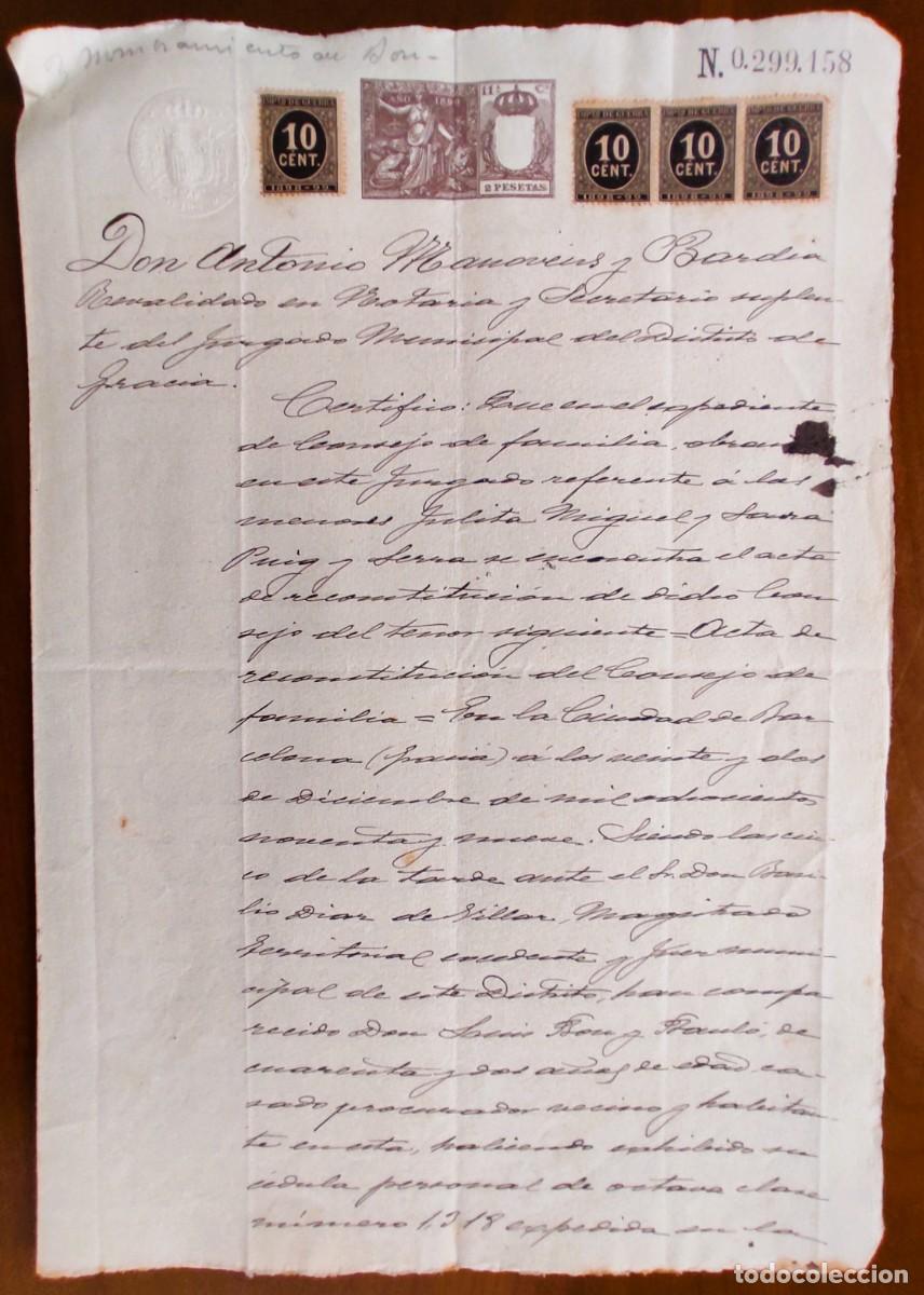 Manuscritos antiguos: BARCELONA A&Ntilde;O 1899 - SELLO 11&ordf; CLASE 2 PESETAS + (4) IMPUESTO GUERRA - CERTIFICADO JUZGADO DE GRACIA