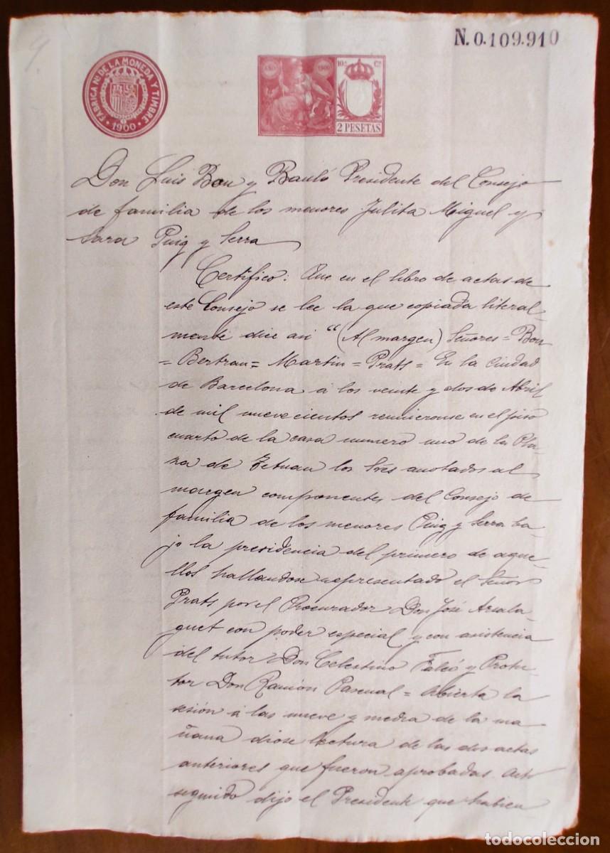Manuscritos antiguos: BARCELONA A&Ntilde;O 1900 - SELLO 10&ordf; CLASE 2 PESETAS - CERTIFICADO PRESIDENTE CONSEJO FAMILIA HU&Eacute;RFANOS