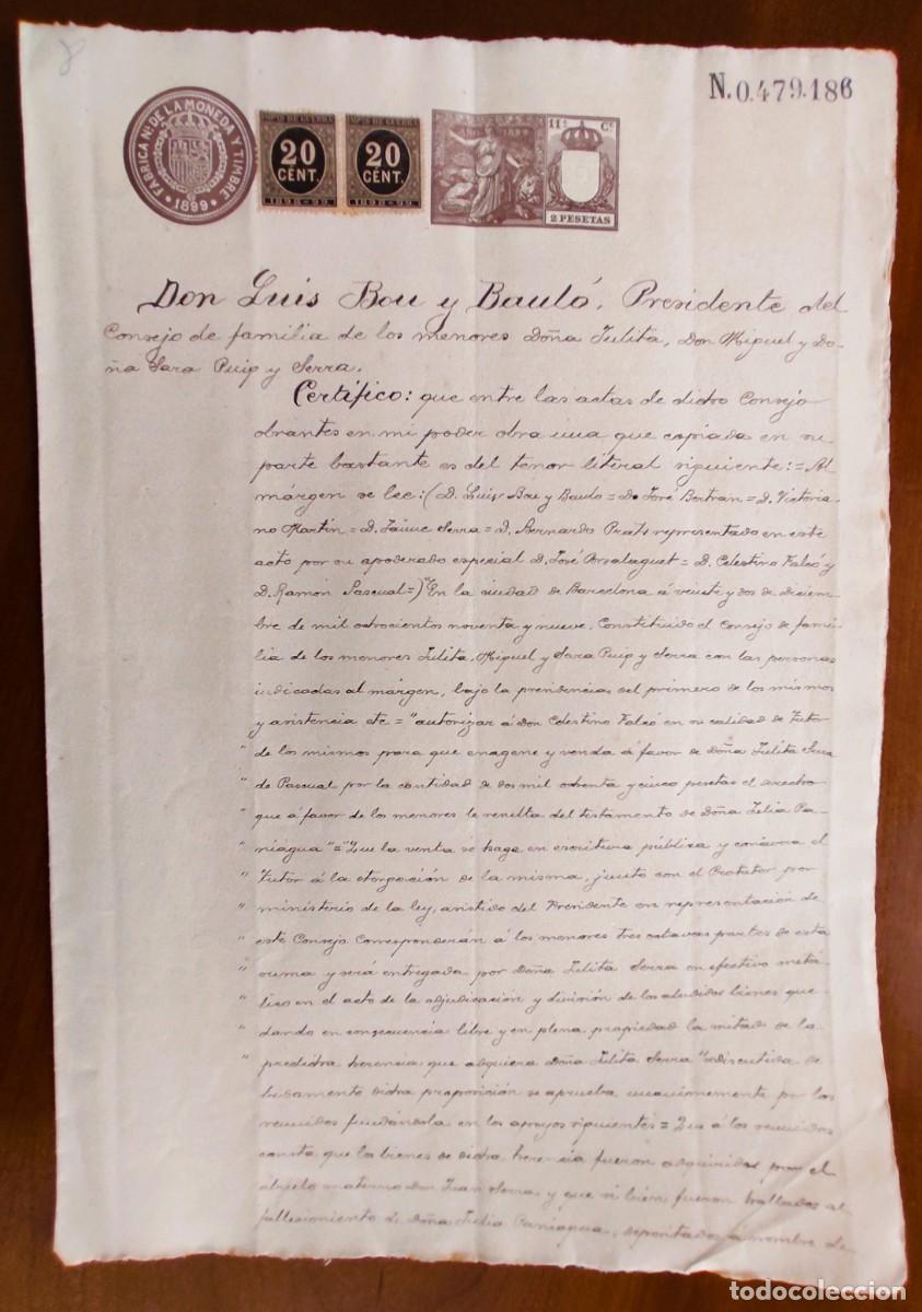 Manuscritos antiguos: BARCELONA A&Ntilde;O 1899 - SELLO 11&ordf; CLASE 2 PESETAS Y (2) IMPUESTO DE GUERRA 20 CENT.