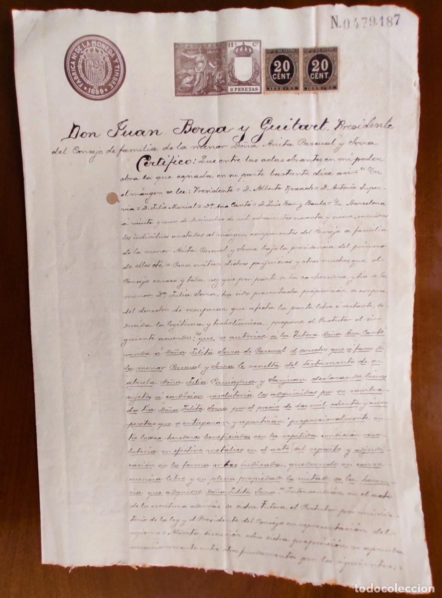 Manuscritos antiguos: BARCELONA A&Ntilde;O 1899 - SELLO 11&ordf; CLASE 2 PESETAS Y (2) IMPUESTO DE GUERRA 20 CENT.