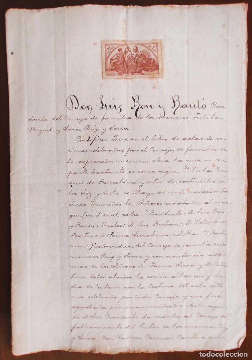Manuscritos antiguos: BARCELONA A&Ntilde;O 1905 - SELLO PEGADO 10&ordf; CLASE 2 PESETAS CERTIFICADO PRESIDENTE CONSEJO FAMILIA MENORES
