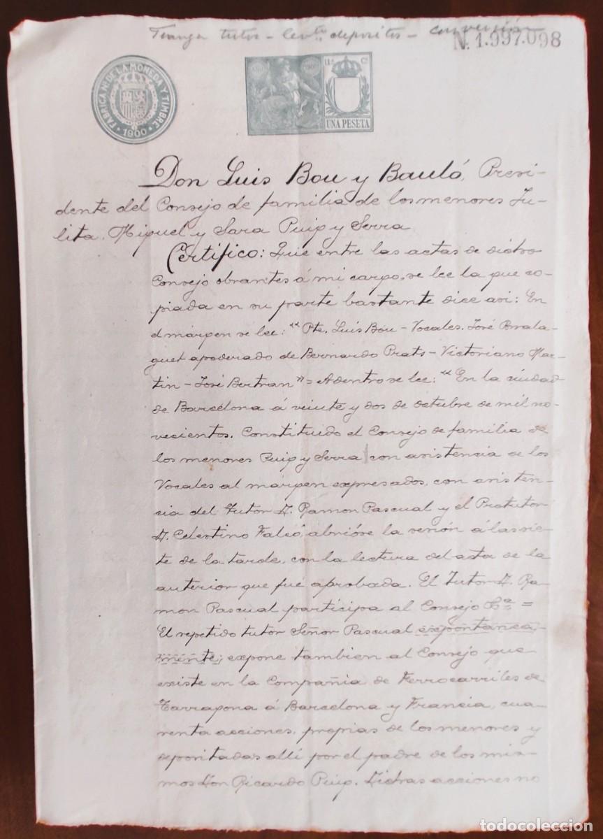 Manuscritos antiguos: BARCELONA A&Ntilde;O 1900 - SELLO 11&ordf; CLASE UNA PESETA - CERTIFICADO PRESIDENTE CONSEJO FAMILIA MENORES