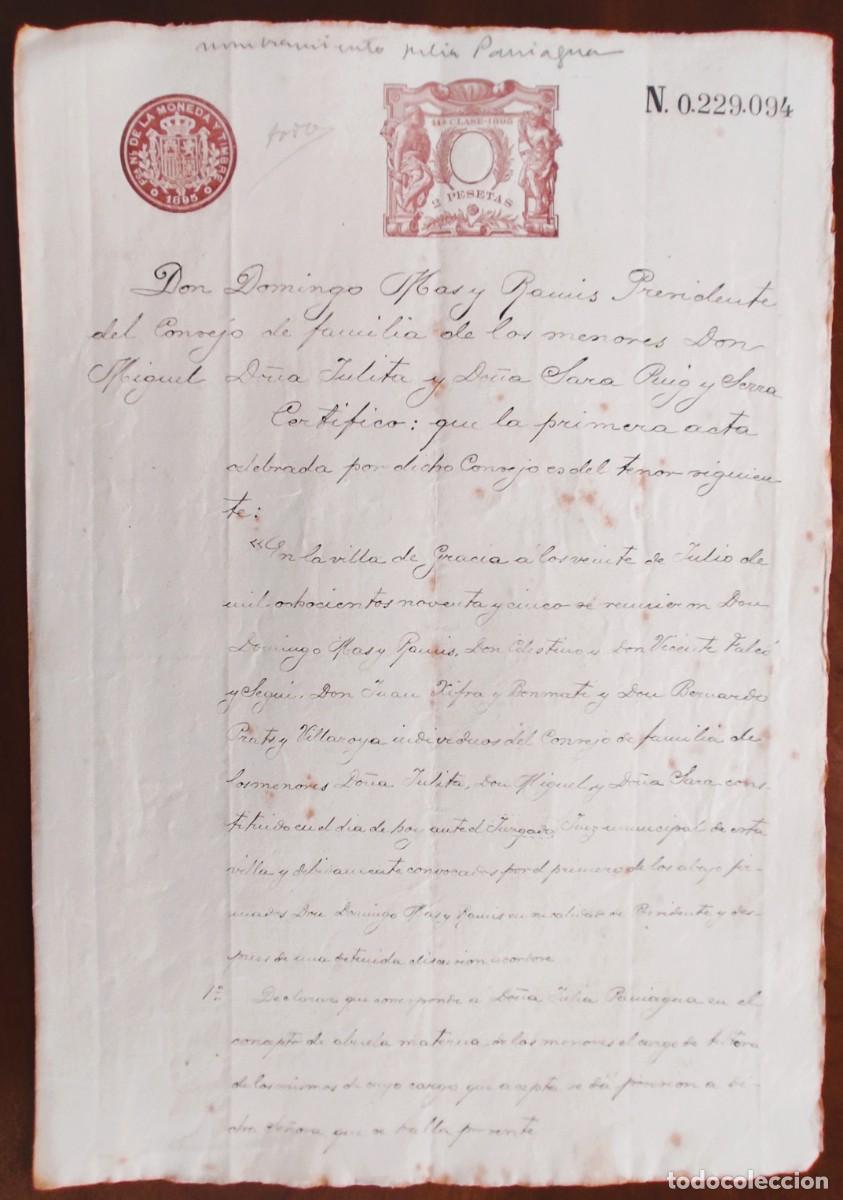 Manuscritos antiguos: BARCELONA A&Ntilde;O 1895 - SELLO 11&ordf; CLASE DOS PESETAS - CERTIFICADO PRESIDENTE CONSEJO FAMILIA MENORES