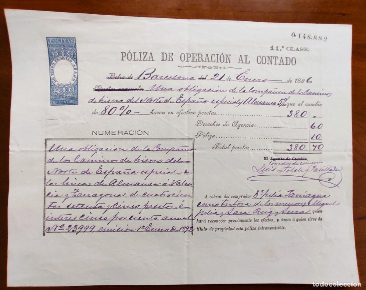 Manuscritos antiguos: BARCELONA P&Oacute;LIZAS 11&ordf; CLASE 10 C&Eacute;NTIMOS OPERACI&Oacute;N AL CONTADO - OBLICACI&Oacute;N CAMINOS DEL NORTE ALMANSA