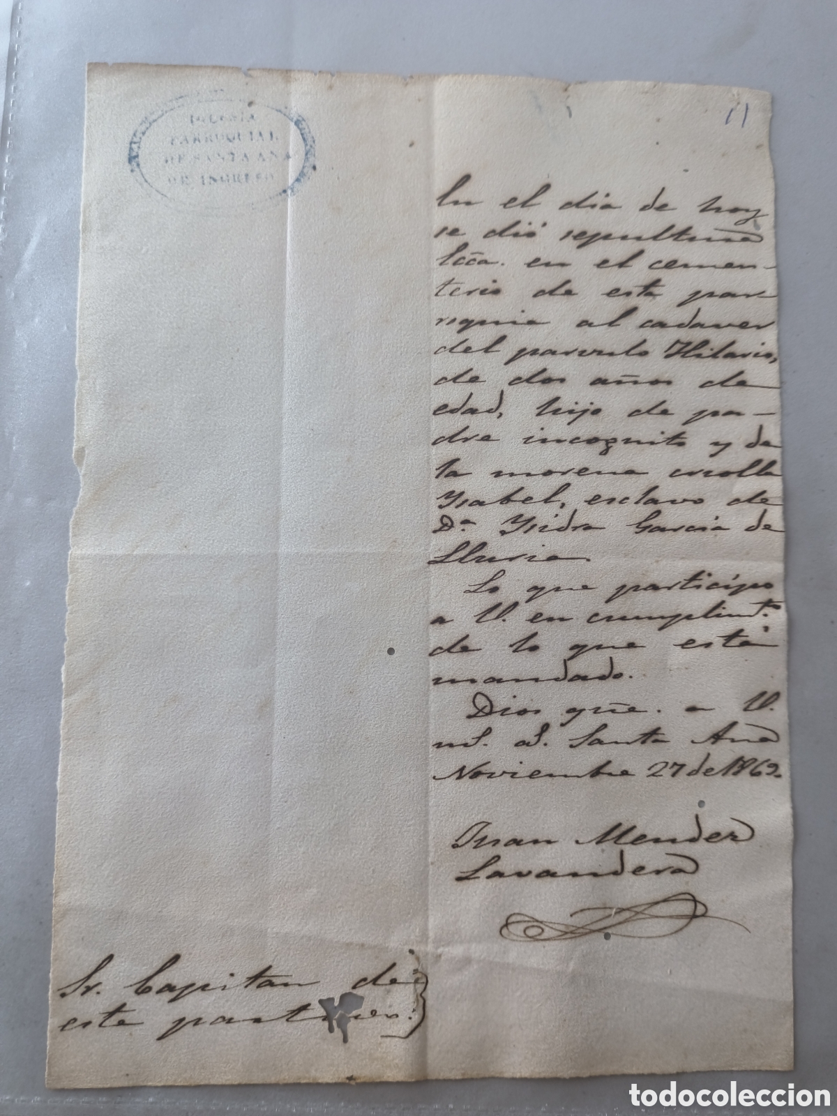 Manuscritos antiguos: Cuba espa&ntilde;ola,reporte de sepultura a p&aacute;rvulo esclavo,a&ntilde;o 1869