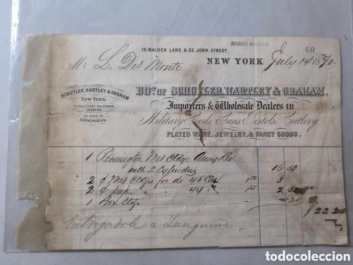 Manuscritos antiguos: Cuba, guerra de cuba, factura por fusil Remington y cartuchos a nombre de Leonardo del monte,1870.