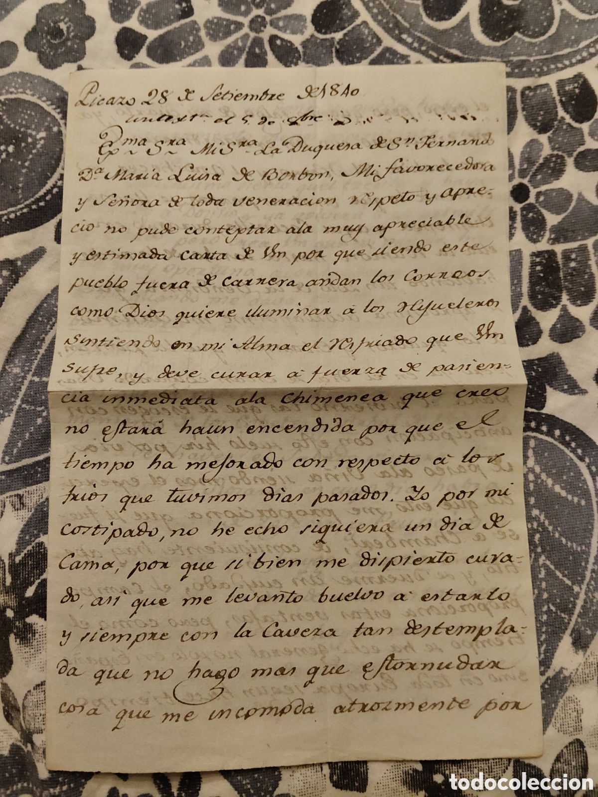 Manuscritos antiguos: Carta manuscrita enviada por Jos&eacute; Mar&iacute;a de Al&oacute;s a duquesa de s. Fernando Mar&iacute;a Luisa de Borb&oacute;n 1840