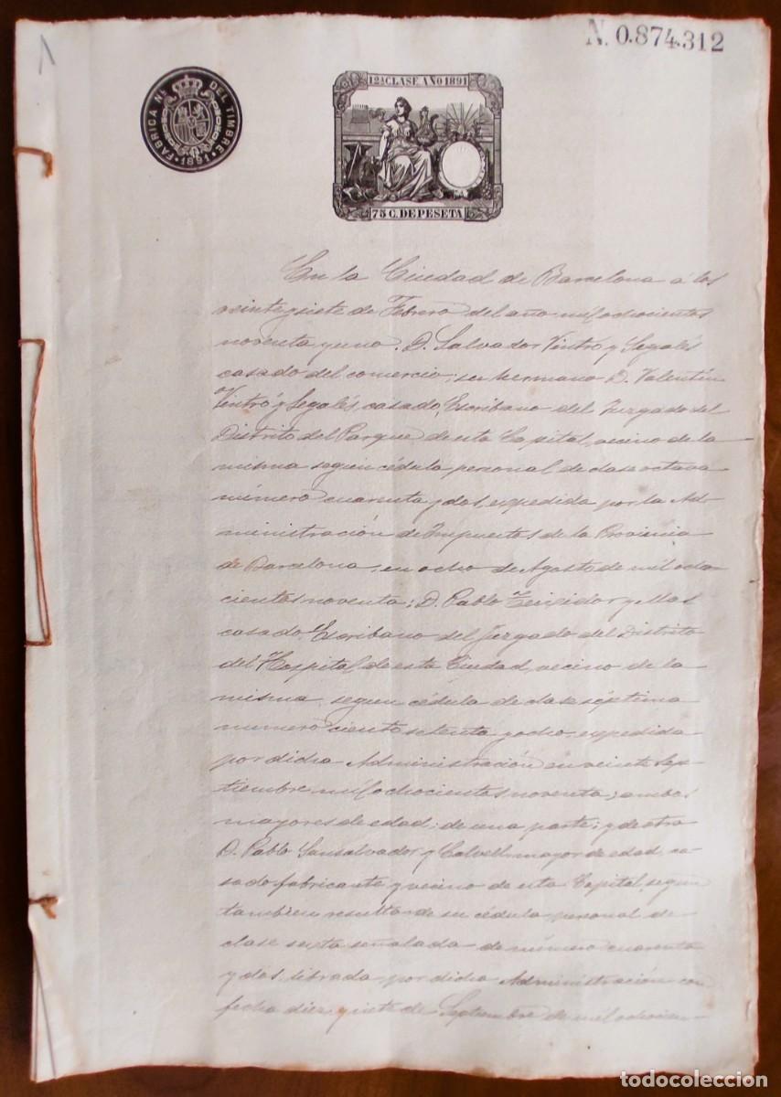 Manuscrits anciens: BARCELONA A&Ntilde;O 1891 - (5) SELLO 12&ordf; CLASE 75 C. - COBRO DEUDAS O ACCIONES JUDICIALES