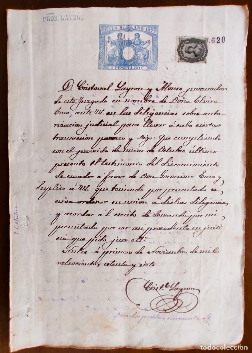 Manuscritos antiguos: NULES (CASTELL&Oacute;N) A&Ntilde;O 1877 - SELLO 9&ordm; 1 PESETA - SOBRE AUTORIZACI&Oacute;N JUDICIAL TRANSACCIONES