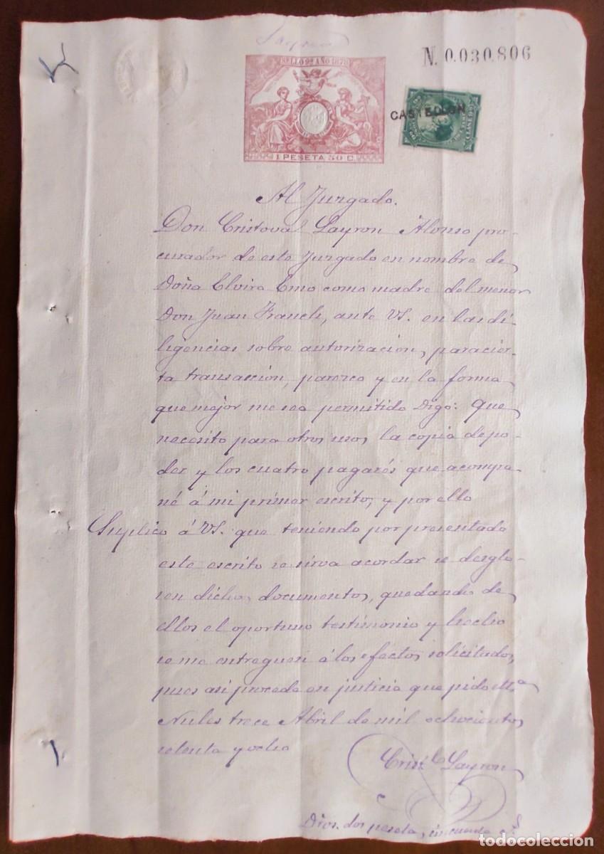 Manuscritos antiguos: NULES (CASTELL&Oacute;N) A&Ntilde;O 1878 - (3) SELLO 9&ordm; 1 PESETA Y 50 CENT.- SOBRE DEUDAS Y HERENCIA