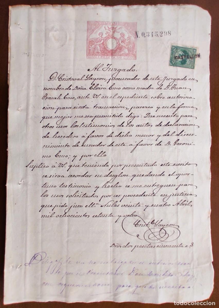 Manuscritos antiguos: NULES (CASTELL&Oacute;N) A&Ntilde;O 1878 - (2) SELLO 9&ordm; 1 PESETA Y 50 CENT.- SOBRE DEUDAS Y HERENCIA
