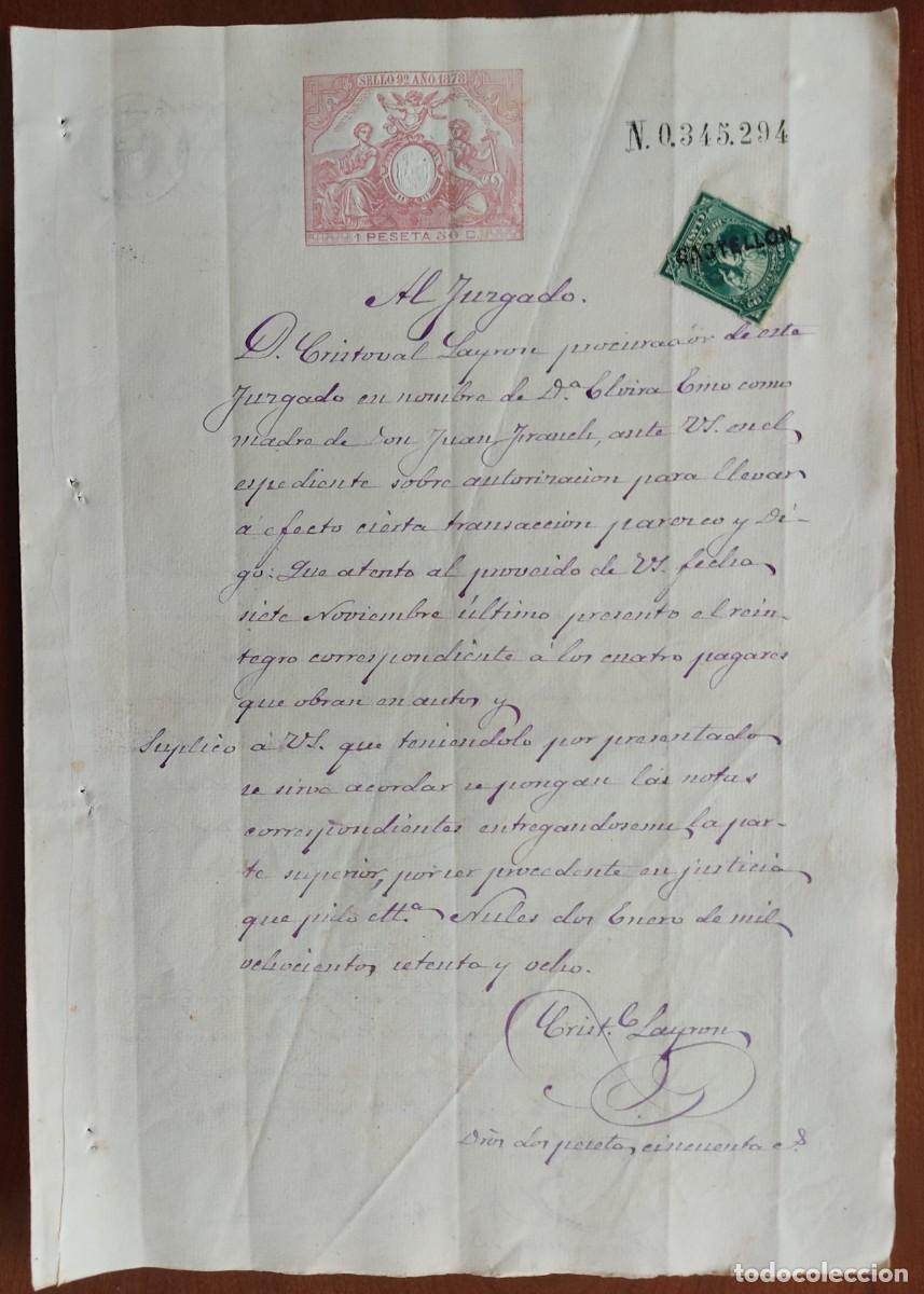 Manuscritos antiguos: NULES (CASTELL&Oacute;N) A&Ntilde;O 1878 - SELLO 9&ordm; 1 PESETA Y 50 CENT.- AUTORIZACI&Oacute;N TRANSACCI&Oacute;N HERENCIA