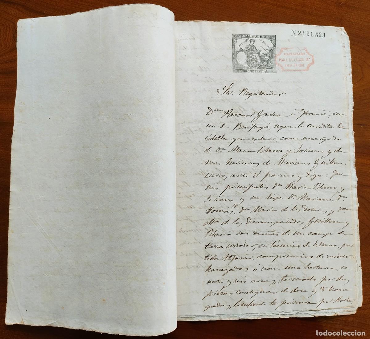 Manuscritos antiguos: SUECA (VALENCIA) A&Ntilde;O 1882 - SELLO 11&ordm; 50 CENT. HAB. Y SELLO 10&ordm; 1 PTA. HAB. - TIERRAS EN SOLLANA