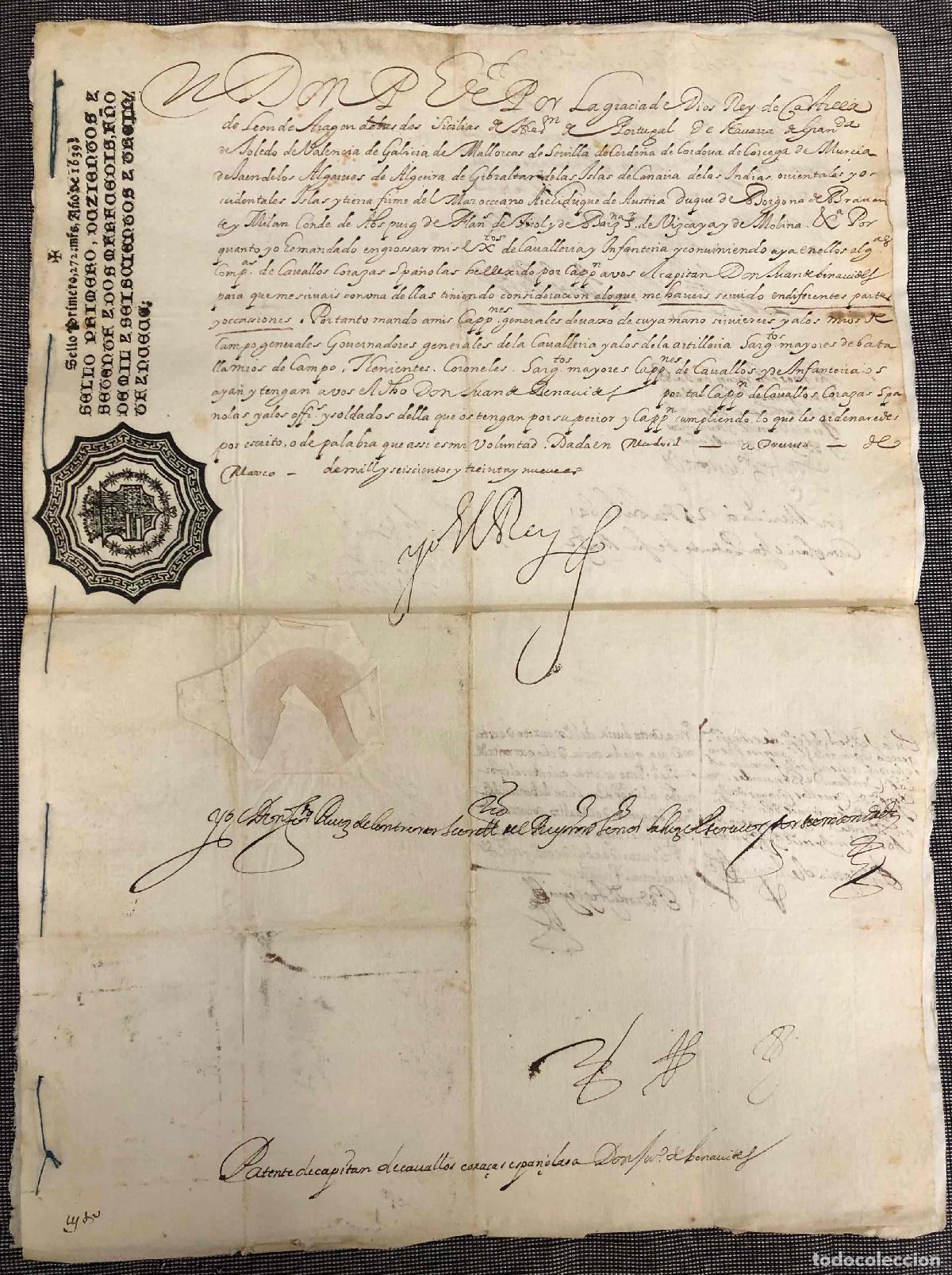 Manuscritos antiguos: FIRMA REAL FELIPE IV CONCEDIENDO PATENTE DE CAPITAN DE CABALLOS CORAZAS A JUAN DE BENAVIDES