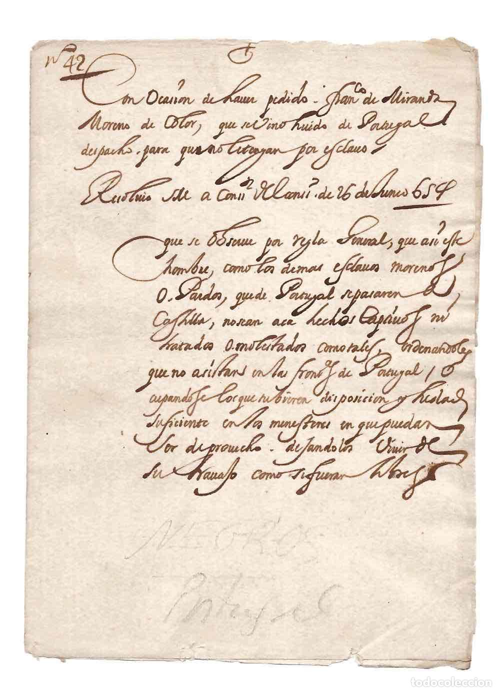 Manuscritos antiguos: RESOLUCION SOBRE ESCLAVOS FUGITIVOS DE PORTUGAL Y SITUACION JURIDICA A SU ENTRADA EN CASTILLA
