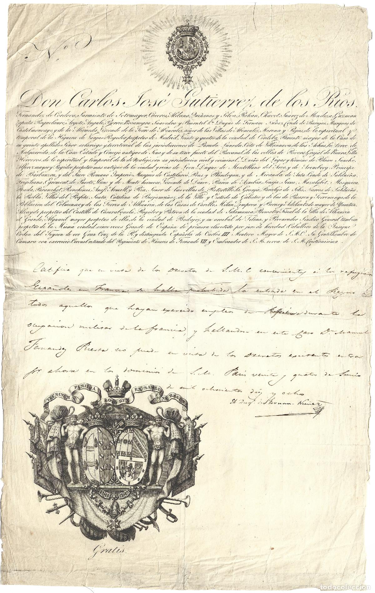 Manuscritos antiguos: Manuscrito Denegaci&oacute;n entrada a Espa&ntilde;a afrancesado firmada por Duque Fern&aacute;n N&uacute;&ntilde;ez Par&iacute;s 1818 LEER