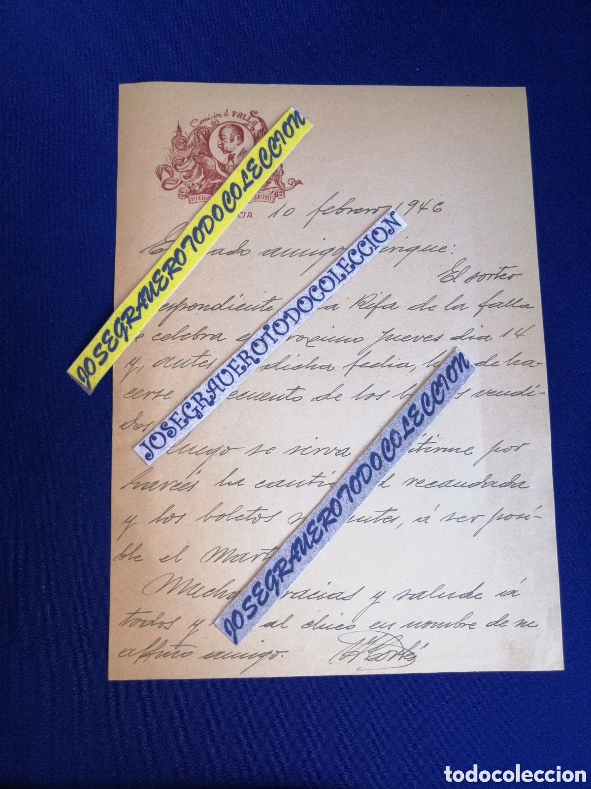 Manuscritos antiguos: COMISION FALLA MARIANO BENLLIURE A&Ntilde;O 1946 FALLA DESAPARECIDA DOCUMENTO FIRMA PRESIDENTE SORTEO