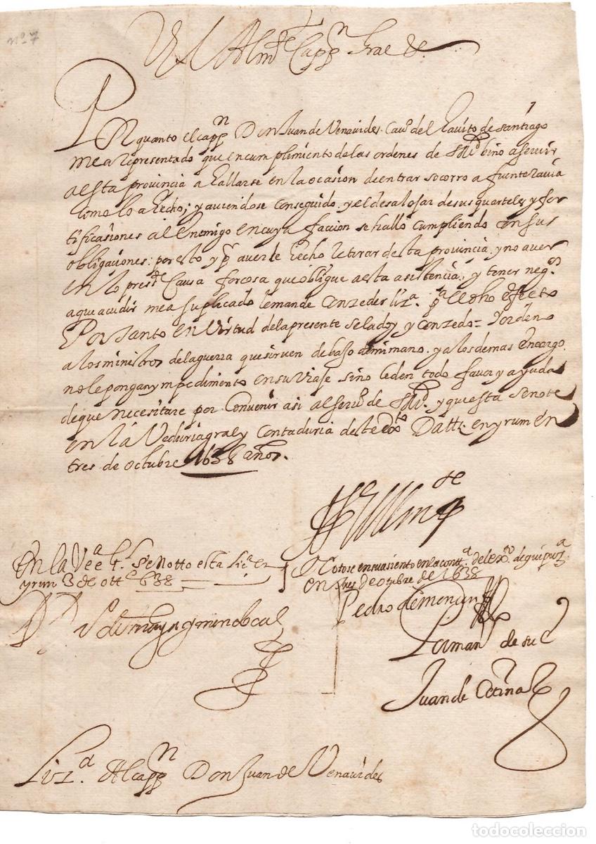 Manuscritos antiguos: LICENCIA MILITAR OTORGADA A JUAN DE BENAVIDES. PARTICIPACION EN OPERACION DE SOCORRO DE FUENTERRABIA