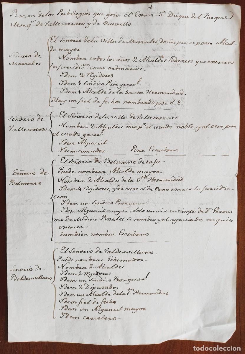 Manuscritos antiguos: MANUSCRITO SIN DATAR PRIVILEGIOS QUE GOZA EL DUQUE DEL PARQUE, MARQU&Eacute;S VALLECERRATO Y CASTRILLO