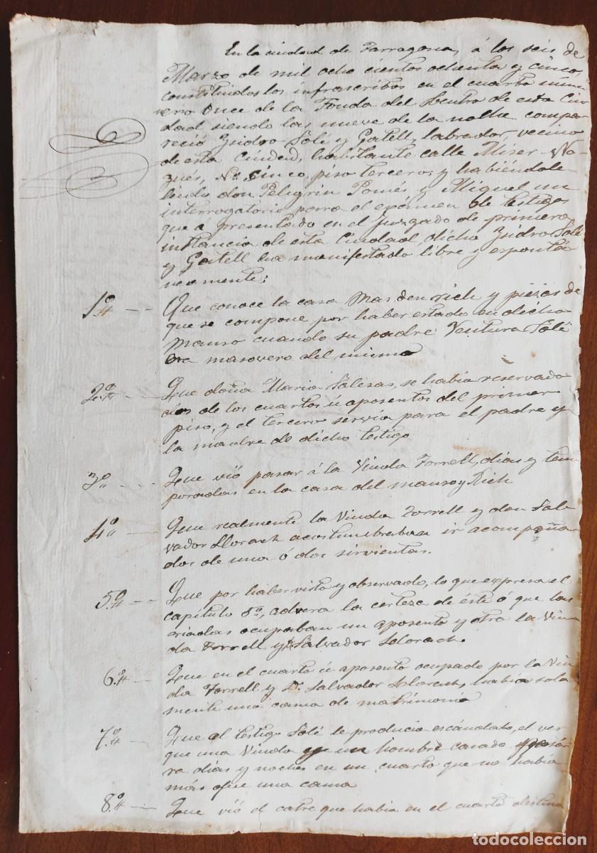Manuscritos antiguos: TARRAGONA 1885 - DECLARACI&Oacute;N TESTIGO SOBRE RELACI&Oacute;N DE UNA VIUDA Y UN LABRADOR CASADO