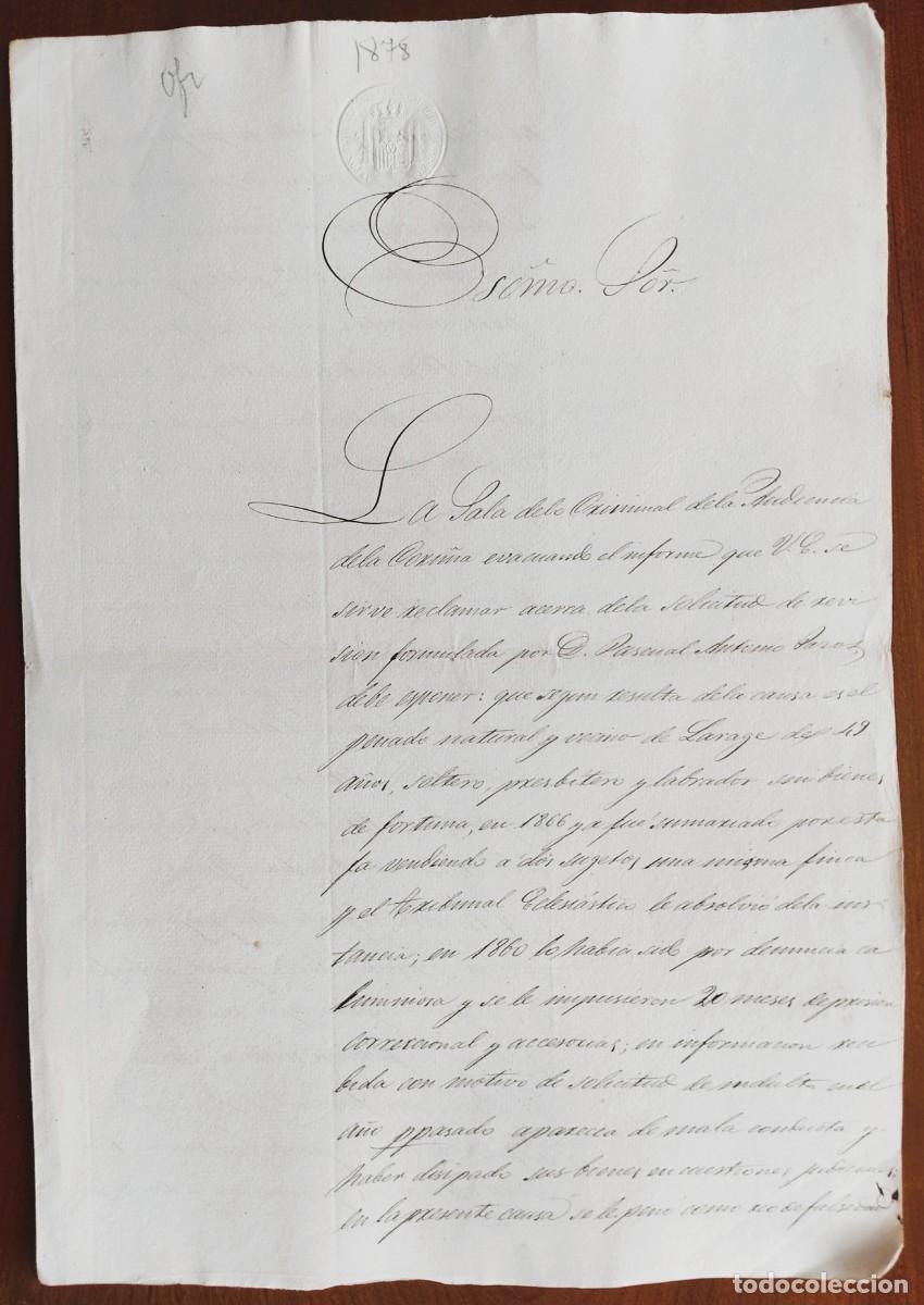 Manuscritos antiguos: CORU&Ntilde;A A&Ntilde;O 1878 - ESCRITO AL MINISTRO DE GRACIA Y JUSTICIA SOBRE REO VECINO DE LARAJE (CABA&Ntilde;AS)