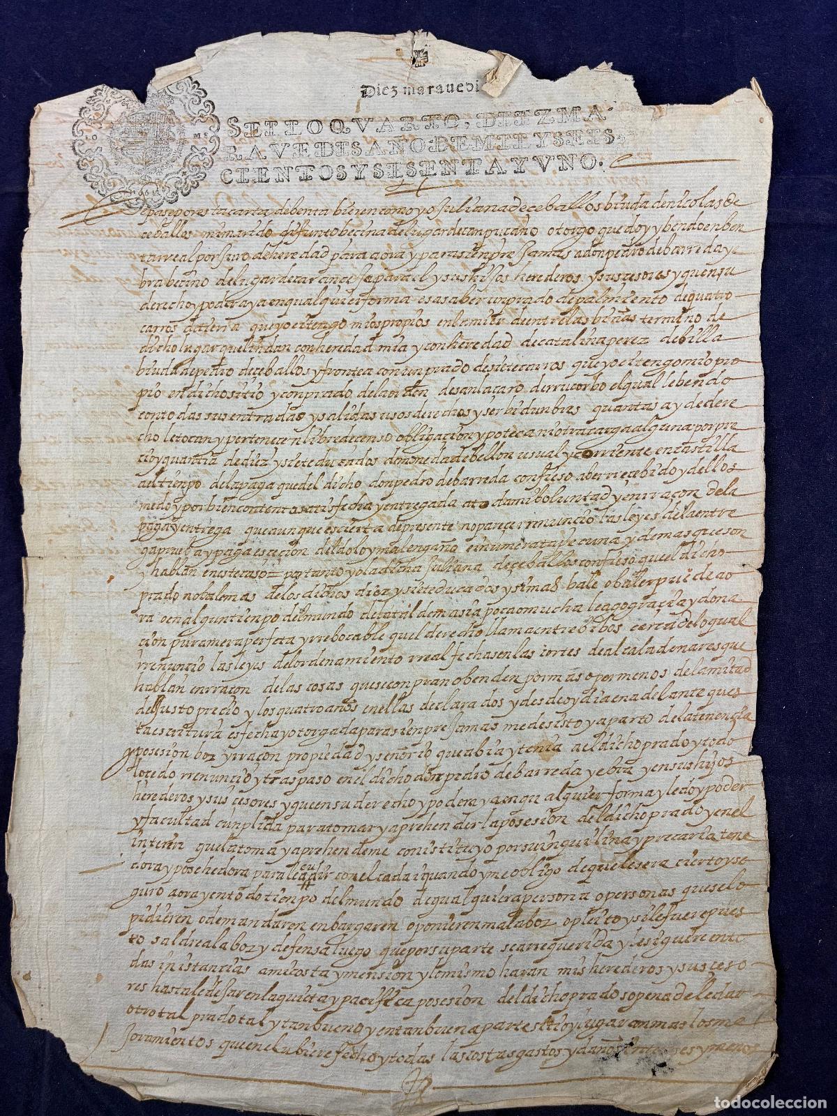 Manuscritos antiguos: Escritura venta Juliana de Ceballos 1661 Papel sellado Sello Quarto Estado regular