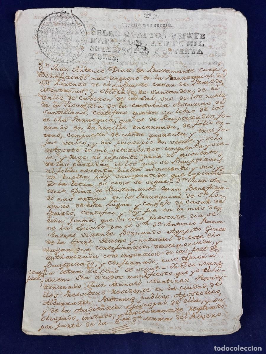 Manuscritos antiguos: Certificaci&oacute;n Antonio Ram&oacute;n G&oacute;mez de la Torre 1776 Casar de Periedo Cantabria Buen estado