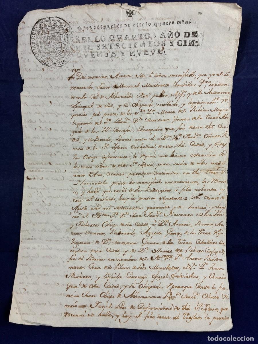 Manuscritos antiguos: Certificaci&oacute;n Antonio R. G&oacute;mez de la Torre - J.M. Mart&iacute;nez - 1759 - Buen estado. Palma de Mallorca