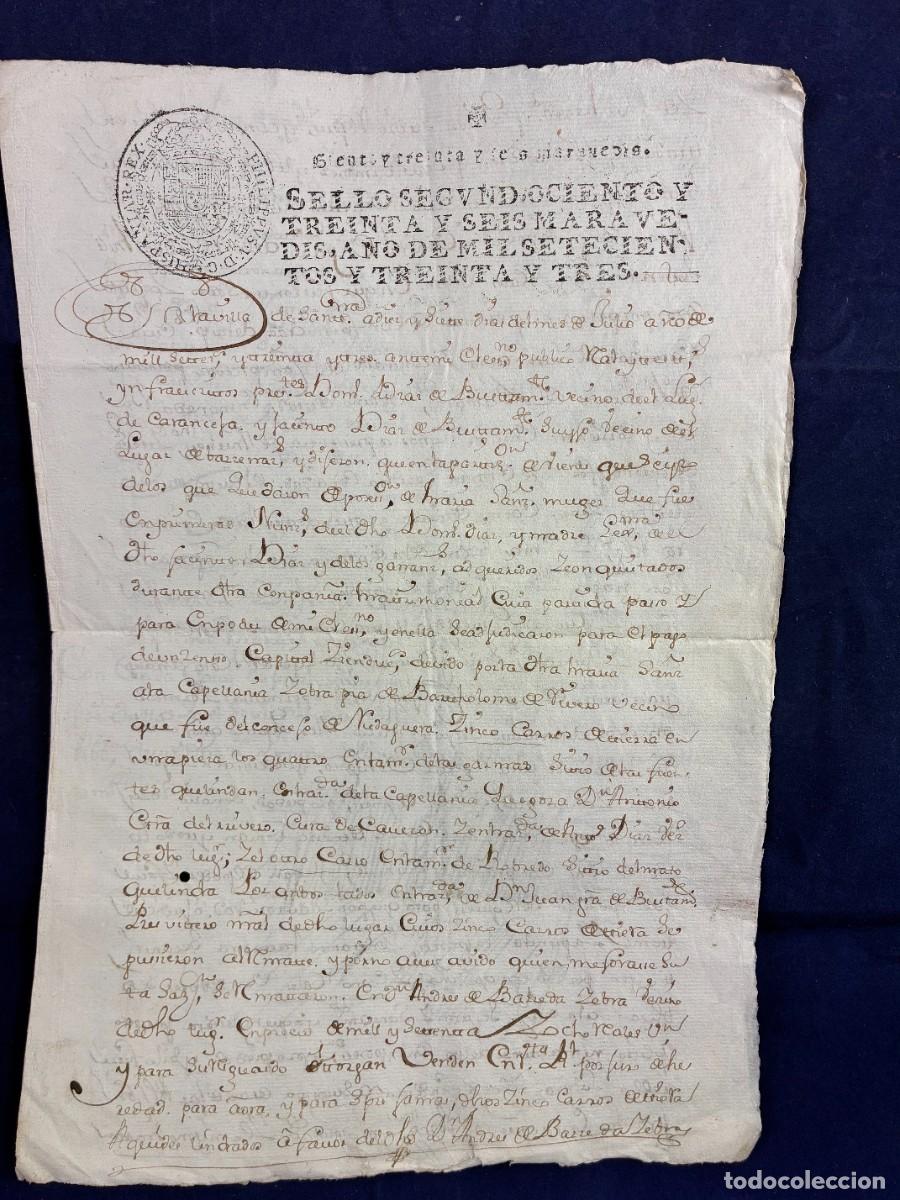 Manuscritos antiguos: Venta 5 carros de tierra. Terrano. Caranceja Felipe V 1733 - Papel sellado - Muy buen estado