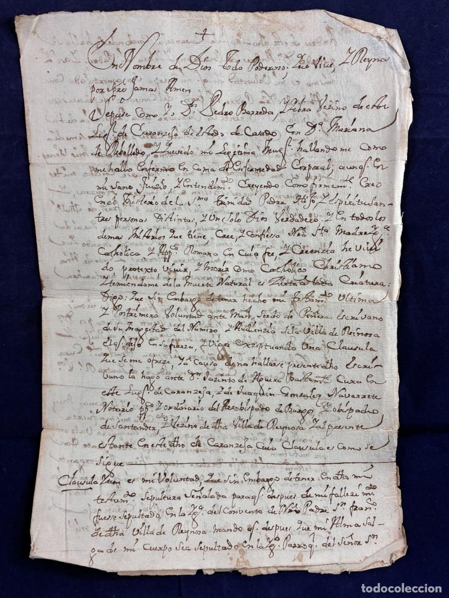 Manuscritos antiguos: Codicilo Pedro Luis de Barreda Yebra 1760 Caranceja Cantabria Buen estado