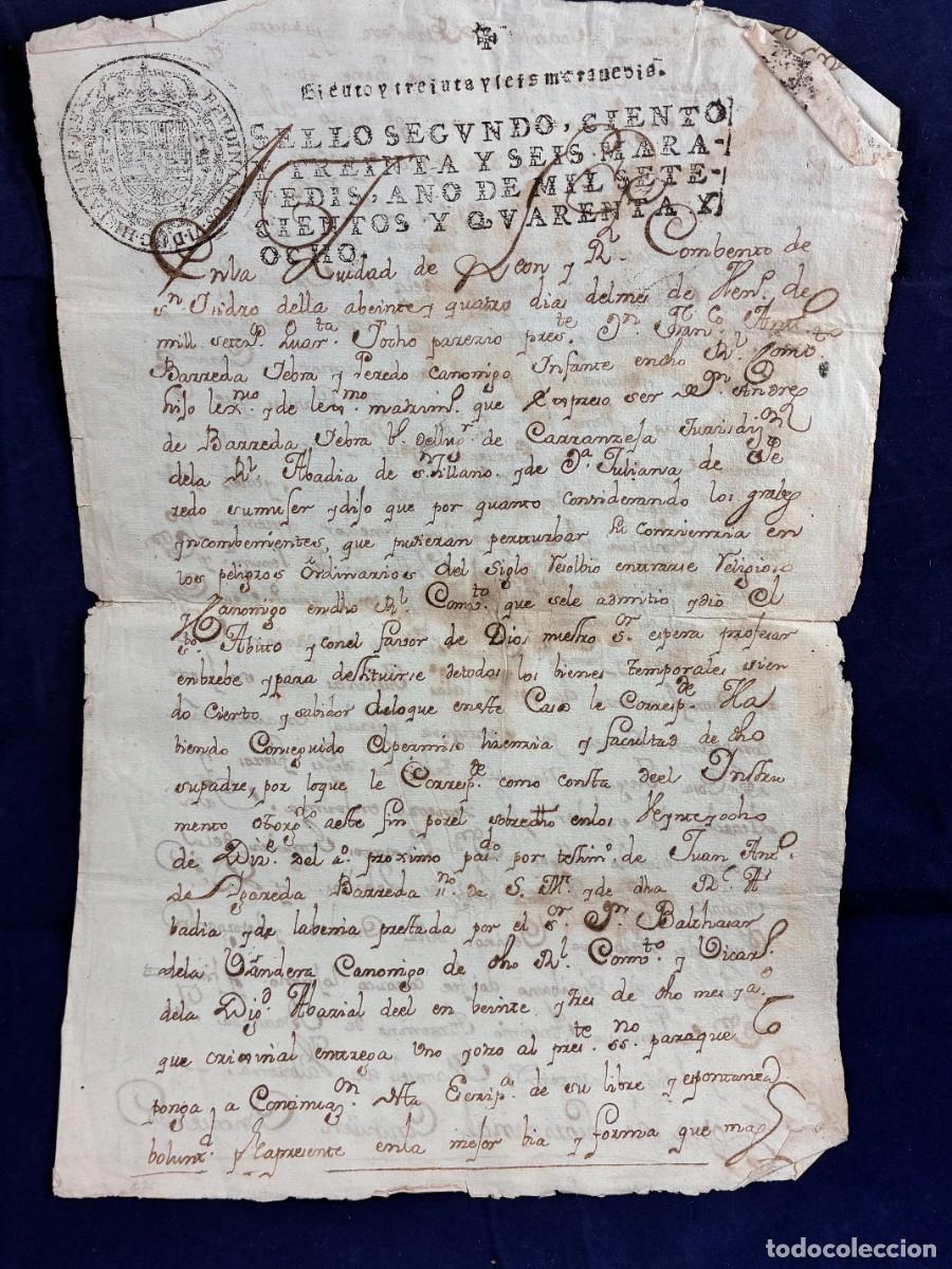 Manuscritos antiguos: Renuncia Francisco A. Barreda Yebra 1748 San Isidoro. Le&oacute;n. Sello Segundo Buen estado