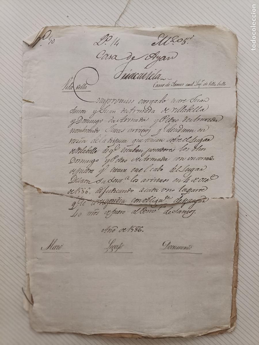 Manuscritos antiguos: Triacastela, Lugo, Galicia. Documento seccionado de 1586