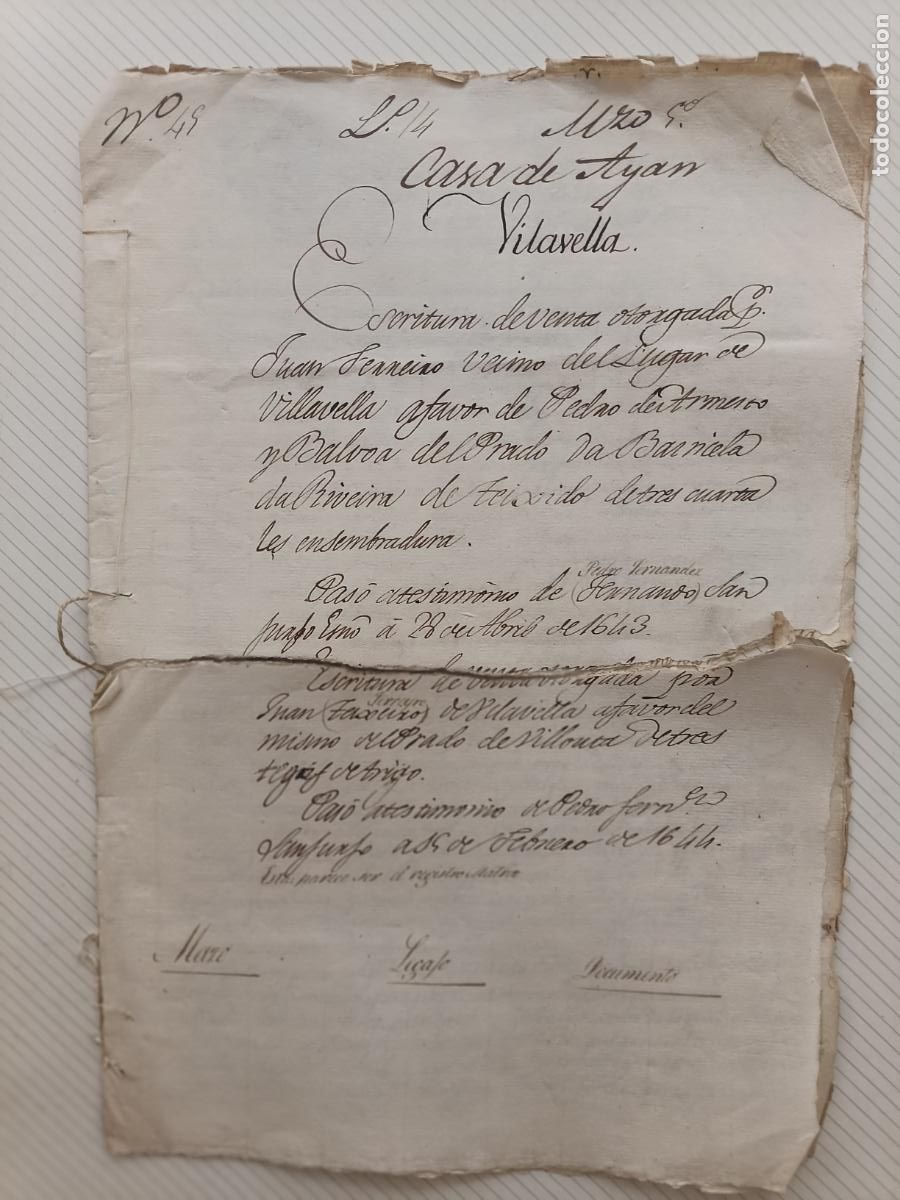 Manuscritos antiguos: Triacastela, Vilavella, Lugo, legajo manuscrito seccionado, 1643 Papel sellado fiscal 1634