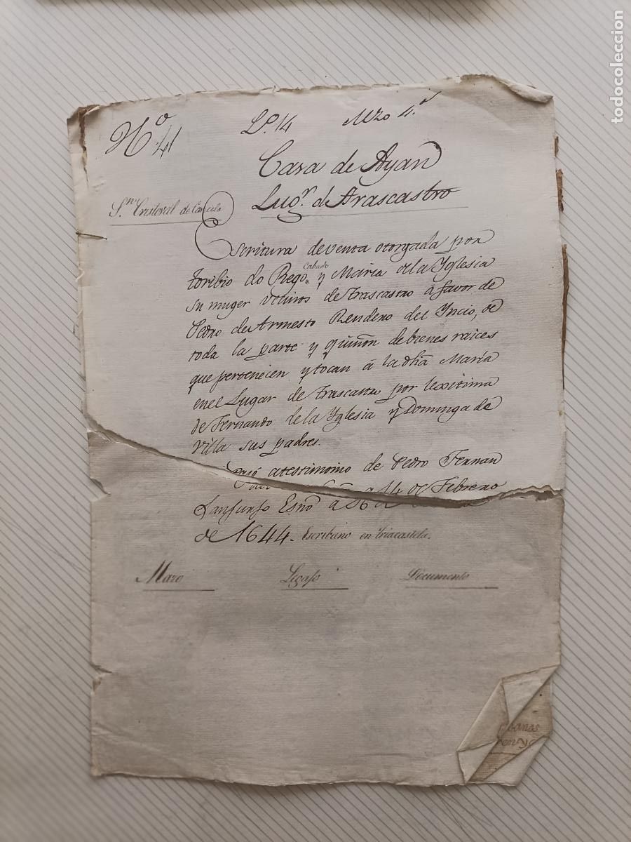 Manuscritos antiguos: Triacastela, Trascastro, Lugo, legajo manuscrito seccionado, Papel sellado fiscal 1644