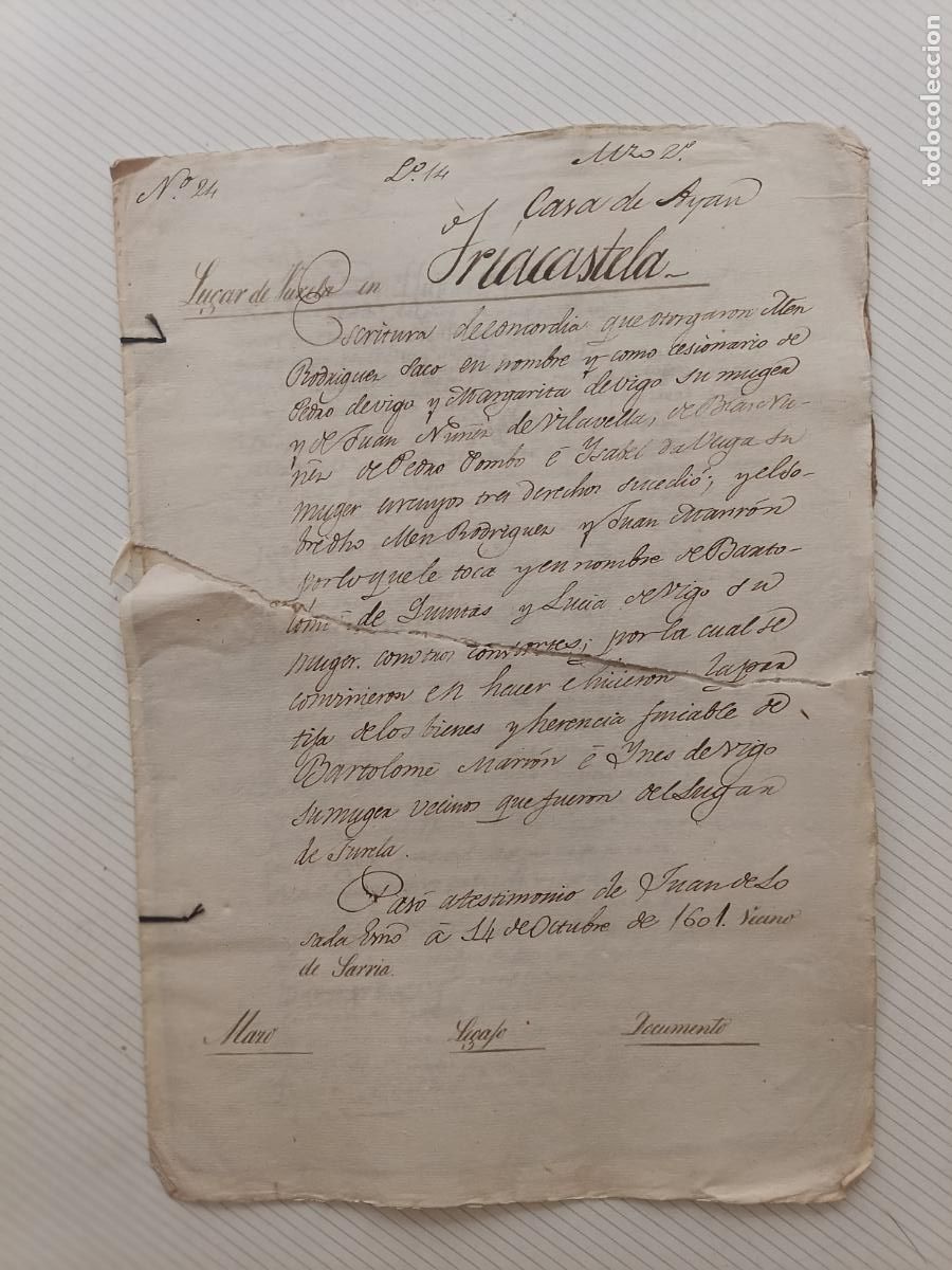 Manuscritos antiguos: Triacastela, Casa de Ayan, Lugo, legajo manuscrito seccionado, 1601