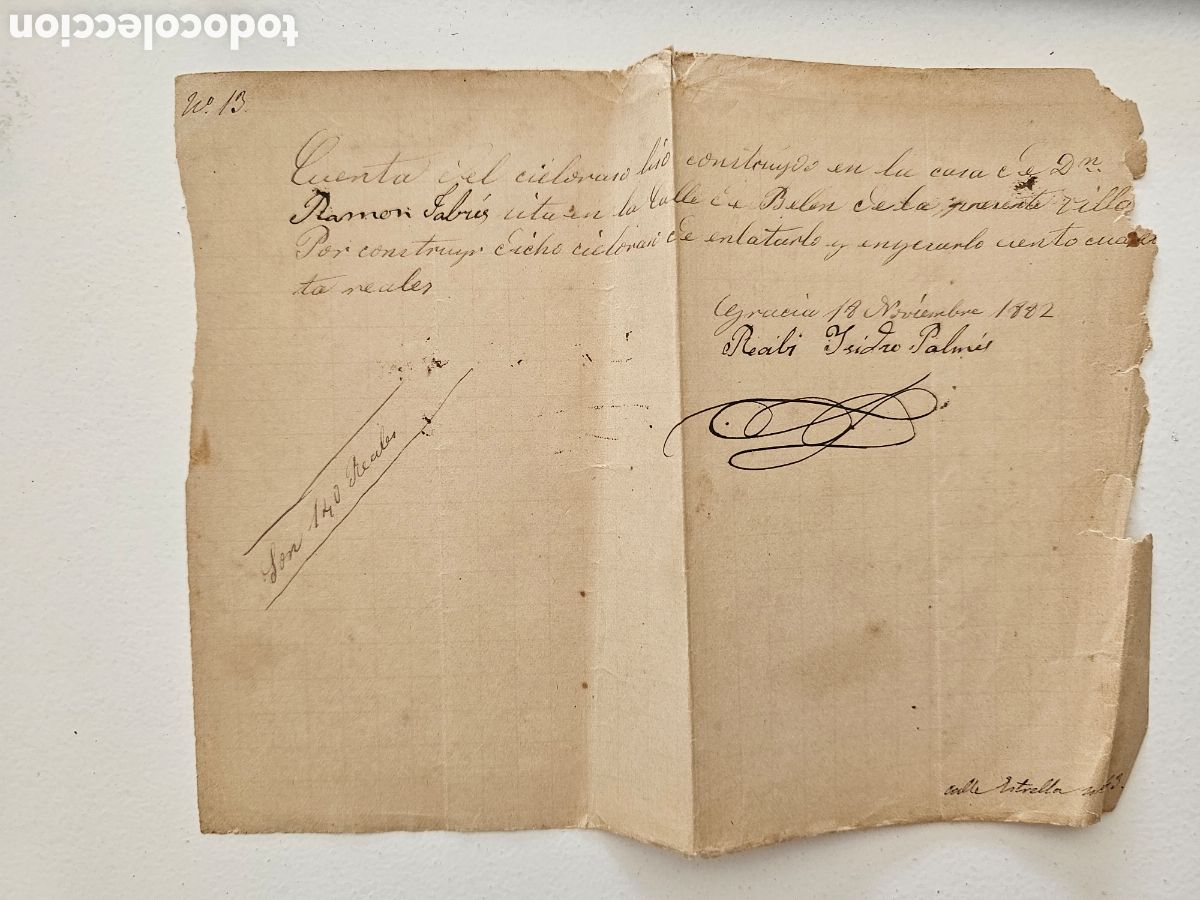 Manuscritos antiguos: Recibo Manuscrito Alba&ntilde;iler&iacute;a Cielorraso - Vila de Gr&agrave;cia Barcelona 1882 Calle Bel&eacute;n / Estrella
