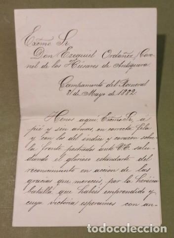 Manuscritos antiguos: Carta a Ezequiel Ord&oacute;&ntilde;ez 'Coronel de los H&uacute;sares de Antequera'. El Romeral (Antequera, M&aacute;laga) 1882