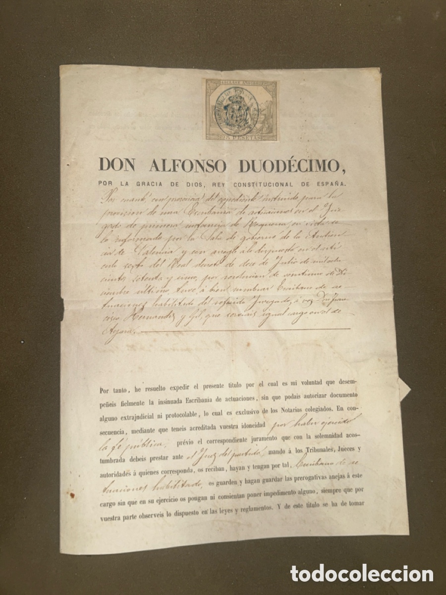 Manuscritos antiguos: ANTIGUO T&Iacute;TULO DE ESCRIBANO DE ACTUACIONES DE REQUENA, ALFONSO XII (MADRID,1882), FIRMADO POR EL REY