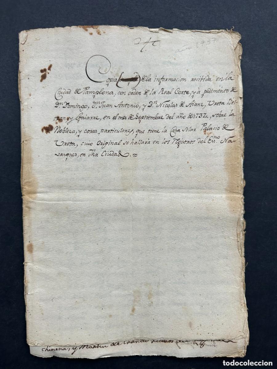 Manoscritti antichi: a&ntilde;o 1737 - INFORMACION SOBRE LA NOBLEZA DE LA FAMILIA AYANZ DE URETA - SANG&Uuml;ESA - NAVARRA