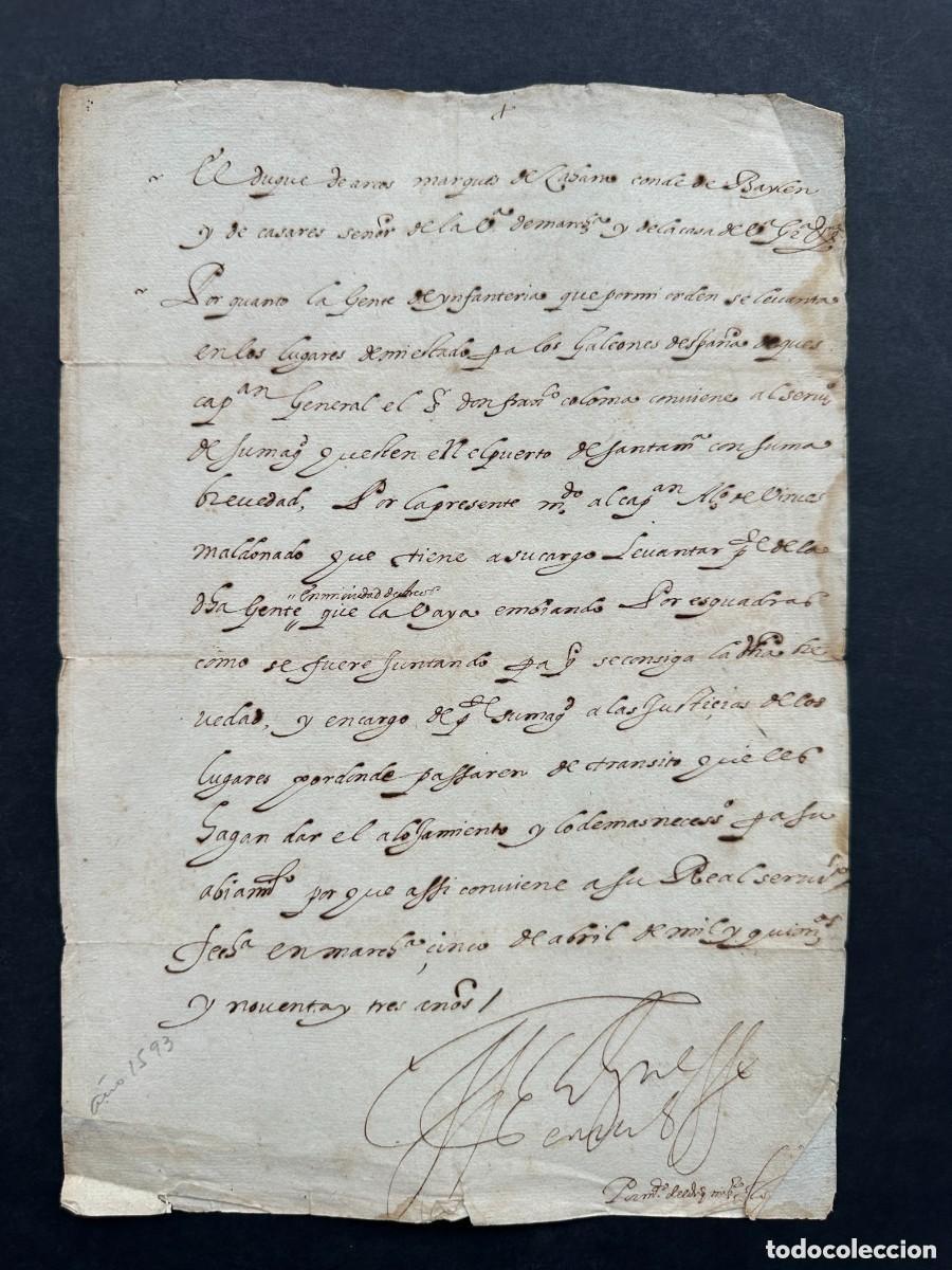 Manoscritti antichi: a&ntilde;o 1593 - MANDATO DEL DUQUE DE ARCOS EN RELACI&Oacute;N A LA INFANTERIA DE SU ESTADO - GALEONES
